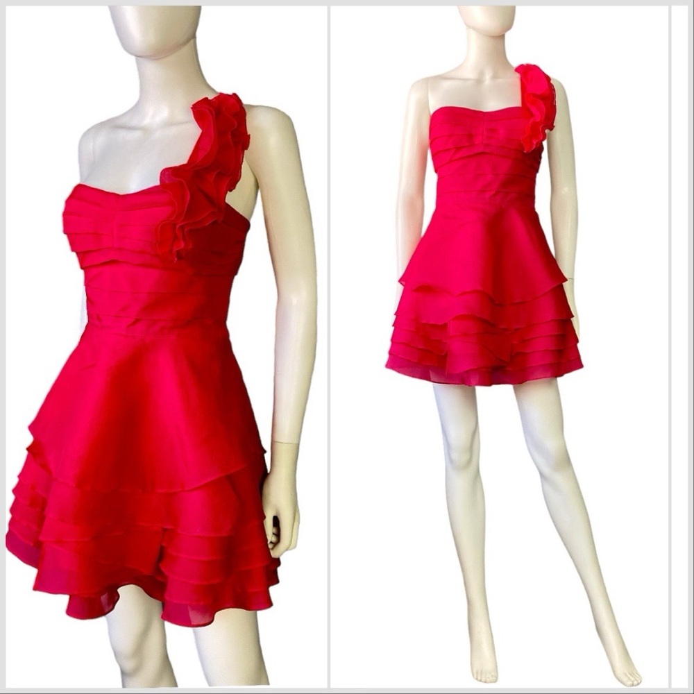 Vintage Bebe asymmetrical pink organza pleated layered ruffle party mini dress